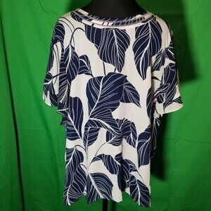 Liz Claiborne Women Size Large Navy Blue White Blouse Leaf Retro Office Party